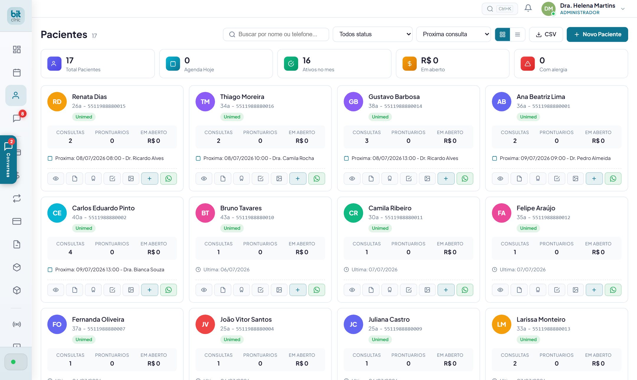 Lista de pacientes no BitClinic
